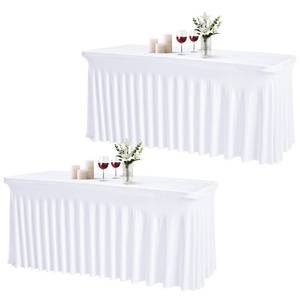 lot 5844 image: JCJ Table Skirt for Rectangle Tables Set of 2 Spandex Fitted White Tablecloths for 4FT Tables, Wrinkle Resistant Ruffles Elastic Table Cover Skirts for Teacher Desk Weddings Banquets Parties