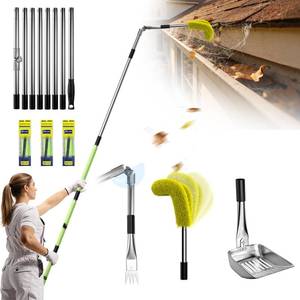 lot 5852 image: 13ft Gutter Cleaning Tools from The Ground, 3-in-1 Gutter Cleaner with Replaceable Brush Rake Scoop, 180° Adjustable Rotating Stainless Steel Pole for Leaves & Debris Removal, Yellow