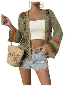 lot 5853 image: SHENHE Womens Floral Crochet Cardigan Hollow Out Open Front Long Sleeve Cardigan Sweater Olive Green Medium
