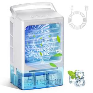 lot 5855 image: Glimibox Portable Air Conditioners, 3 Speeds 2 Mist Modes Portable AC Unit with 900ml Water Tank,7-Color Lights Evaporative Cooler Blow Cold Air, Mini Car Cooling Fan for Bedroom RV Desk Office Indoor