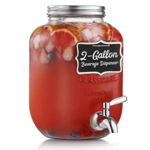 lot 5856 image: 2 Gallon Glass Beverage Dispenser, 188 Stainless Steel Spigot and Lid - Glass Drink Dispensers for Parties - Mason Jar Drink Dispensers with Lids - Laundry Detergent Holder
