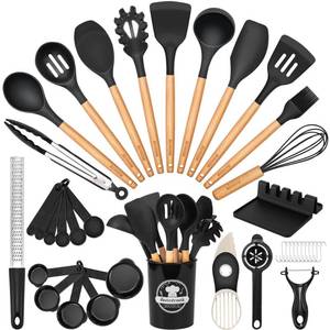 lot 5863 image: Astercook 39 PCS Kitchen Utensils Set, Silicone Cooking Utensil Sets with Wooden Handle, 446°F Heat Resistant Food Grade Spatula Set, BPA Free Kitchen Gadgets Tools Set & Spoons for Nonstick Cookware