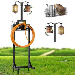 lot 5881 image: neatevday Garden Hose Holder, Water Hose Holders for Outside with Storage Basket & 2 Shepherds Hooks, Detachable Garden Hose Holder Freestanding, Heavy Duty Hose Holder Supports 150ft Hoses
