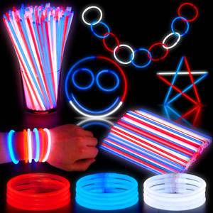 lot 6008 image: JOYIN 200 Pcs 4th of July Glow Sticks with Connectors, 8 Red White Blue Glow in the Dark Bracelets Necklaces for Kids Adults, Patriotic Light Up Toys for Independence Day Party Favor Accessory Supply