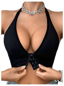 lot 6009 image: SOLY HUX Halter Bralette for Women Front Closure Bra Wireless V Neck Ribbed Knit Everyday Comfort Bras Pure Black X-Large