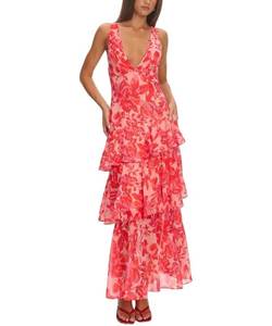 lot 6053 image: Womens Floral Maxi Dress Sexy Deep V Neck Backless Ruffles Dresses Beach Party Wedding Guest Dress,Floral Red,S