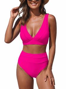 lot 6058 image: Hilinker Womens High Waisted Bikini Sets 2 Piece Bathing Suit V Neck Tummy Control Swimsuits Hot Pink Medium