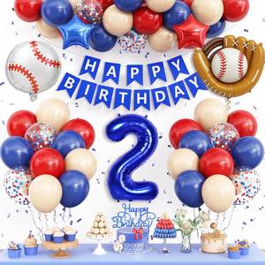 lot 6064 image: 2nd Birthday Decorations for Boys Baseball,Navy Blue Red Nude Balloons Party Decorations Banner Number 2 Baseball Glove Foil Balloons Cake Topper Sport Party Baby Shower