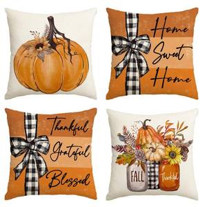 lot 6471 image: AVOIN colorlife Fall Pumpkin Home Sweet Home Throw Pillow Covers, 20 x 20 Inch Autumn Thankful Grateful Blessed Harvest Floral Orange Decorations for Sofa Couch Set of 4