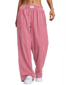 lot 6476 image: LOMON Womens Boxers Gingham Plaid Wide Leg Pants Cotton Pajama Lounge Pj Casual Trousers Y2K Beach Bottoms with Pockets (Red White Plaid, M)