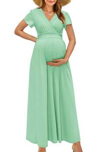 lot 6488 image: OUGES Maternity Maxi Dress Wrap Baby Shower Pregnancy Dresses for Photoshoot Maternity Outfits Summer Clothes 2026(Light beige,S)