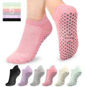 lot 6493 image: Muezna 6 Pairs Pilates Grip Socks for Women, Non Slip Yoga Socks with Grips, Grippy Socks for Barre, and Hospital size L