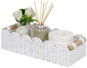lot 9141 image: CubesLand Scalloped Edge Toilet Paper Storage Basket, Living Room Home Cozy Decor Basket, Paper Rope Small Baskets for Over Toilet Storage Shelf, End Table, Shelves, with 2 Wooden Handles, White