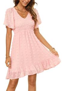 lot 10238 image: Zattcas Womens 2026 Spring Summer Beach Boho Swiss Dot Smocked Dress Short Sleeve Mini Graduation Bridal Shower Maternity Wedding Guest Dress Pink XL