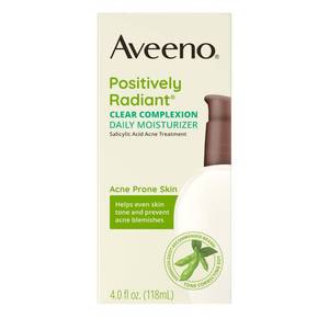 lot 10253 image: Aveeno Positively Radiant Clear Complexion Face Moisturizer, Acne Facial Lotion with Soy and Salicylic Acid for Oily Skin, Hypoallergenic Formula, Paraben-Free, Non-Comedogenic, Pump, 4 Fl Oz
