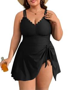 lot 10254 image: Charmo Plus Size Bathing Suit for Women One Piece Swimdress Tummy Control Ruched Swimsuits Scalloped V Neck Swimwear Black 3X