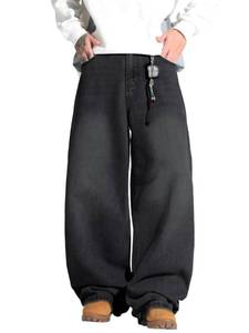 lot 10256 image: DFGIGT Mens Baggy Y2K Hip Hop Street Jeans Wide Leg Denim Pants Loose Fit Long Trousers Oversized Relaxed 2000s Extreme Motion Skater Skateboard,F13 Black,X-Small