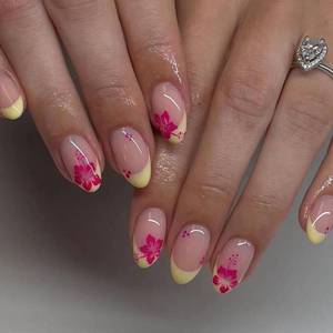 lot 10291 image: 24 Pcs French Blue Press on Nails Short Almond -ZIFANHU Spring Acrylic Nail Art Kit Fake Nails Press ons Nail Tips Full Cover White Flowers False Nails Artifical Stick on Nails for Women Manicure