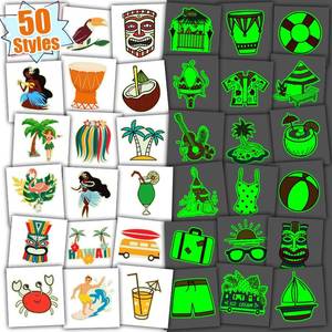 lot 10294 image: Partywind Glow Hawaiian Tattoos for Kids Party Decorations, Hawaiian Luau Party Supplies Favors Goodie Bag Stuffers, Fake Tattoo Stickers for Beach Pool Party Accessories (50 Styles)