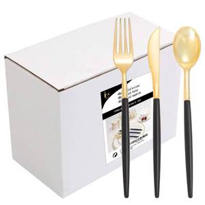 lot 11008 image: I00000 144 PCS Black Silverware Set, Plastic Silverware with Black Handle, Gold Plastic Cutlery Includes 48 Forks, 48 Knives and 48 Spoons for Party or Dinner& Wedding (Slight Use)