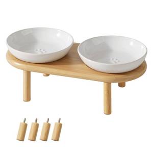 lot 11014 image: Havniva Elevated Cat Bowls Raised Ceramic Cat Bowl, 5.7 Wide Opening Cat Food Bowl Whisker Friendly Cat Dish Anti-Slip with Bamboo Stand, Shallow Pet Food & Water Bowl for Indoor Cats (Used) (Wood Piece Is Broken)
