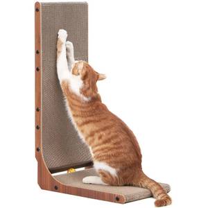 lot 11025 image: FUKUMARU Cat Scratcher, 26.8 Inch Cat Scratch Pad for Indoor Cats, L Shaped Cardboard Vertical Cats Scratching Board with Ball Toy, Walnut Color, 1 Pack
