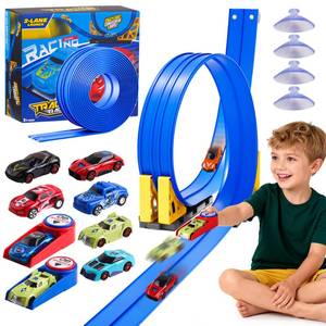 lot 11033 image: 16-Ft Flexible Race Track Set for Kids, DIY Roll-Up Racetrack with 2 Launchers & 6 Mini Cars, Suction-Cup Portable Track Compatible with 164 Die-Cast Cars, Indoor & Outdoor Gift for Boys Girls 3