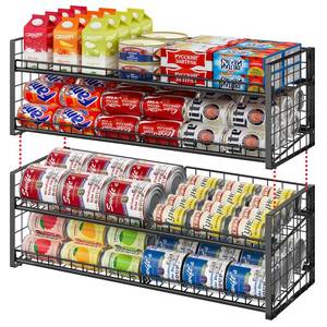 lot 11042 image: 2-Pack Stackable Can Organizer for Pantry Shelf, Adjustable Extra-Long Rolling Can Rack for Kitchen Cupboard Storage, Sturdy Standing Can Holder for Canned Food Goods Soda up to 100, 2 Tier, Black (Used)