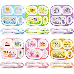 lot 11043 image: Hushee 6 Pcs 9.4 x 8.2 Inch Kids Plate for Dinner, Cute Toddler Divided Plates for Girls Boys Toddler, Plastic Funny Serving Dishes for Unicorn Princess Mermaid Butterfly Party Cat