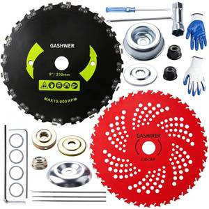 lot 11055 image: Gashwer Weedeater Brush Cutter Blade WAdapter Kit, 9 x 36T Carbide Tipped Blades, 9 x20T Carbon Steel Round Chainsaw Tooth Saw Blades, Compatible with Husqvarna, Stihl, Ego, Oregon, Hitachi Trimmer (Used)