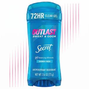 lot 12212 image: Secret Outlast Antiperspirant Deodorant for Women, 72hr Sweat & Odor Protection, PH Balancing Minerals, Clear Gel, Shower Fresh Scent, 2.6 oz