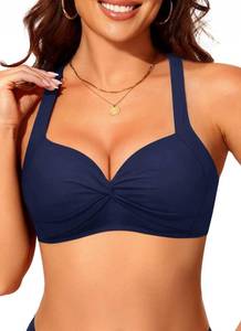 lot 12235 image: Women Underwire Bikini Top - Push Up Swimsuit Top Twist Front Swim Bra 2025 Retro Bathing Suit Navy Blue M (White And Black)