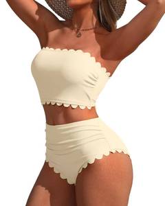 lot 12241 image: Charmo Bandeau Womens High Waisted Bikini Swimsuit Tummy Control Strapless Cute Swim Suit Full Coverage Bikinis Set Beige L