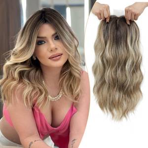 lot 12292 image: PANEWAY Hair Topper 16 Inch Synthetic Wavy Clip in Hair Piece for Women, Balayage Dark Brown Root to Blonde Ombre with Highlights, Natural Wiglet for Volume & Coverage