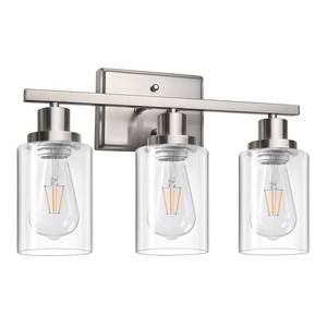 lot 13858 image: Ascher Bathroom Vanity Light Fixtures, 3 Light Wall Sconces Lighting with Clear Glass Shade, Brushed Nickel Wall Lights for Mirror, Kitchen, Living Room, Gallery, E26 Base (Bulbs Not Included)
