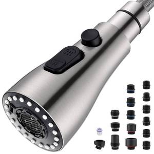 lot 14110 image: Metal Kitchen Faucet Head Replacement �� 3 Mode High-Pressure Sink Sprayer Replacement with 15 Nozzle Adapters, Durable Pull Down Spray Head for Kitchen Sink (StreamSprayBlade), Stainless Steel