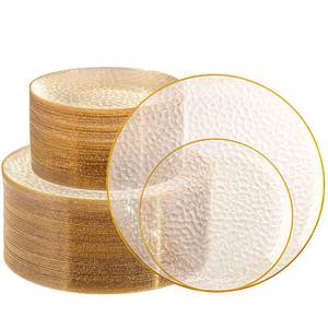 lot 19807 image: Lullaby 100PCS Clear Plastic Plates with Gold Rim, Gold Glitter Disposable Plates Includes 50 Dinner Plate 10 and 50 Dessert Plate 7, Heavyduty Plates for Birthdays, Parties and Wedding