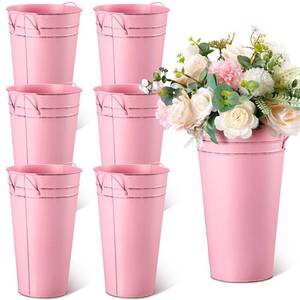 lot 19829 image: Irenare 12 Inch Vintage Galvanized Flower Bucket Metal Flower Vase Farmhouse French Bucket Planter Metal Floral Container for Party Table Centerpiece Weddings Home(Pink,6 Pcs) (Minor Cosmetic Damage)