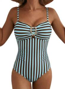 lot 20214 image: Aleumdr Womens Metal Ring Bathing Suit Tummy Control Vintage One Piece Swimwear Modest Ruched Swimsuits for Beach Brown Stripe X-Large
