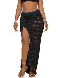 lot 20217 image: Bsubseach Womens Crochet Cover Up Skirt 2025 Knit Drawstring Long Coverups for Swimwear Elastic Waist Beach Wrap Black (1 Size Fits Most)