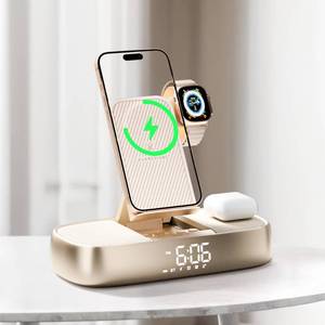 lot 20237 image: 5 in 1 Wireless Charging Station with Alarm Clock Bluetooth Speaker Light