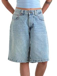 lot 20243 image: NUFIWI Women Baggy Denim Bermuda Shorts Y2k Vintage Straight Leg Denim Shorts Casual Knee Length Jean Jorts with Pockets(Denim Light Blue,M)
