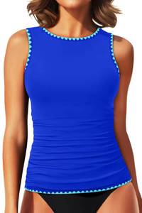 lot 20342 image: Daci Royal Blue Color Block Tankini Tops for Women High Neck Swim Top Tummy Control Bathing Suit Top Modest Swim Tank Top No Bottom L