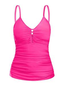 lot 20351 image: Ocean Blues Womens Hot Pink V-Neck Tankini Top Ruched Tummy Control Tankini Swimsuit Top Paddings Tankini No Bottom Size XXXX-Large