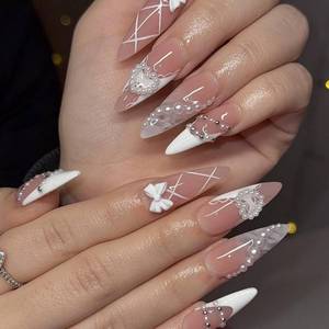 lot 20365 image: White French Tip Press on Nails Pearl fake Nails with Design Heart Glue on Nails Glossy Artificial Acrylic Full Cover Bow Stick on Nails Medium Stiletto False Nails for Women Girls Manicure 24Pcs