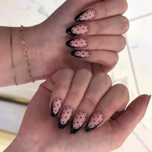 lot 20408 image: 24Pcs Black French Tip Press on Nails Long Almond Fake Nails with Black Dots Design Polka Dot Nails Press ons Artificial Reusable False Nail Nude Full Cover Polka Dot Stick on Nails for Women Girls