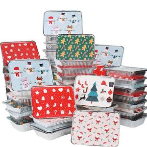 lot 1369 image: Findful 50 Pack Christmas Cookie Tins with Lids - 2.25LB Aluminum Food Containers Disposable, 5 Holiday Print Designs, Tin Foil Containers for Holiday Leftovers Container or Cookie Exchange, 8.5x 6