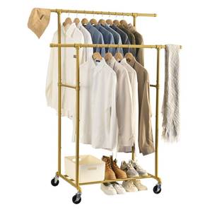 lot 1374 image: FOUCSSOMEI Heavy Duty Clothes Rack, Rolling Clothing Rack, Garment Rack with Wheels, Double Rod, Max 400Lbs, Gold