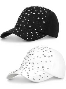 lot 2322 image: Loopeer 2 Pcs Adjustable Breathable Rhinestone Baseball Cap for Women Men Sequins Casual Sports Cap Rhinestone Hat(Black, White)