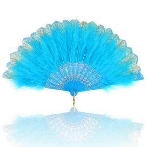 lot 2328 image: MWOOT Marabou Feather Fan - 1920s Embroidered Flower Handheld, Roaring 20s Vintage Style Flapper for Costume Halloween Dancing Show Tea Party Wedding Decoration - Blue